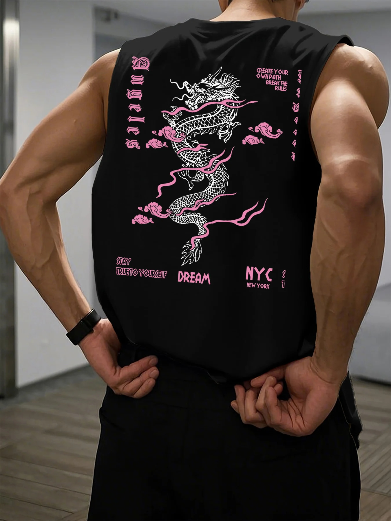 Mens Summer Leisure Sports Fitness Wide Dragon and Letter Pattern Printed Comfortable Breathable Round Neck Sleeveless Tank Top 260920