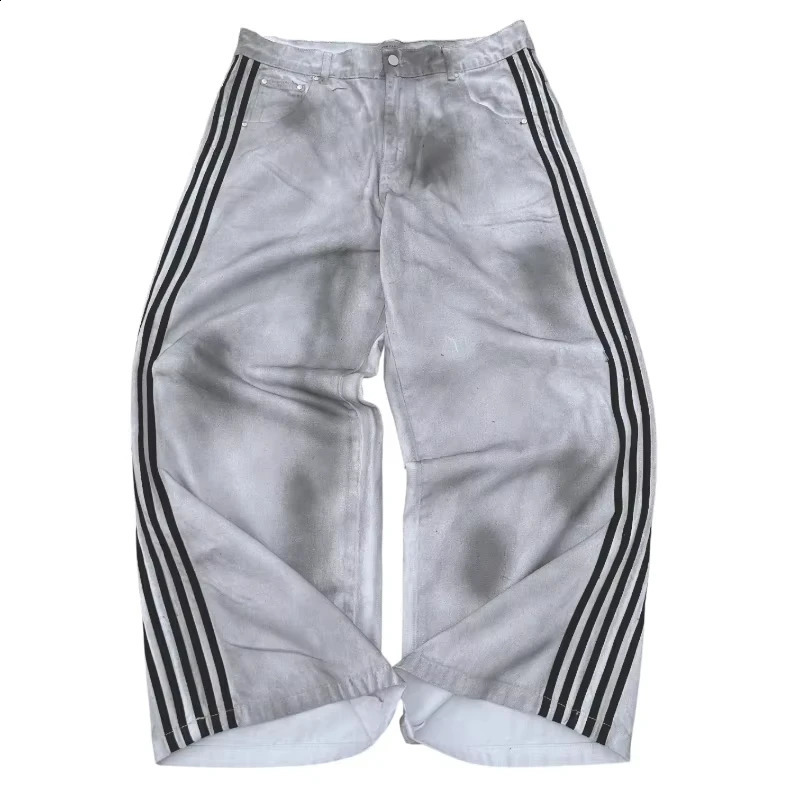 Y2K Baggy Jeans Retro Men's Gray Embroidered Striped Harajuku Sweatpants Women Hip Hop Streetwear Old Washed Wide Leg Denim Pant 260920