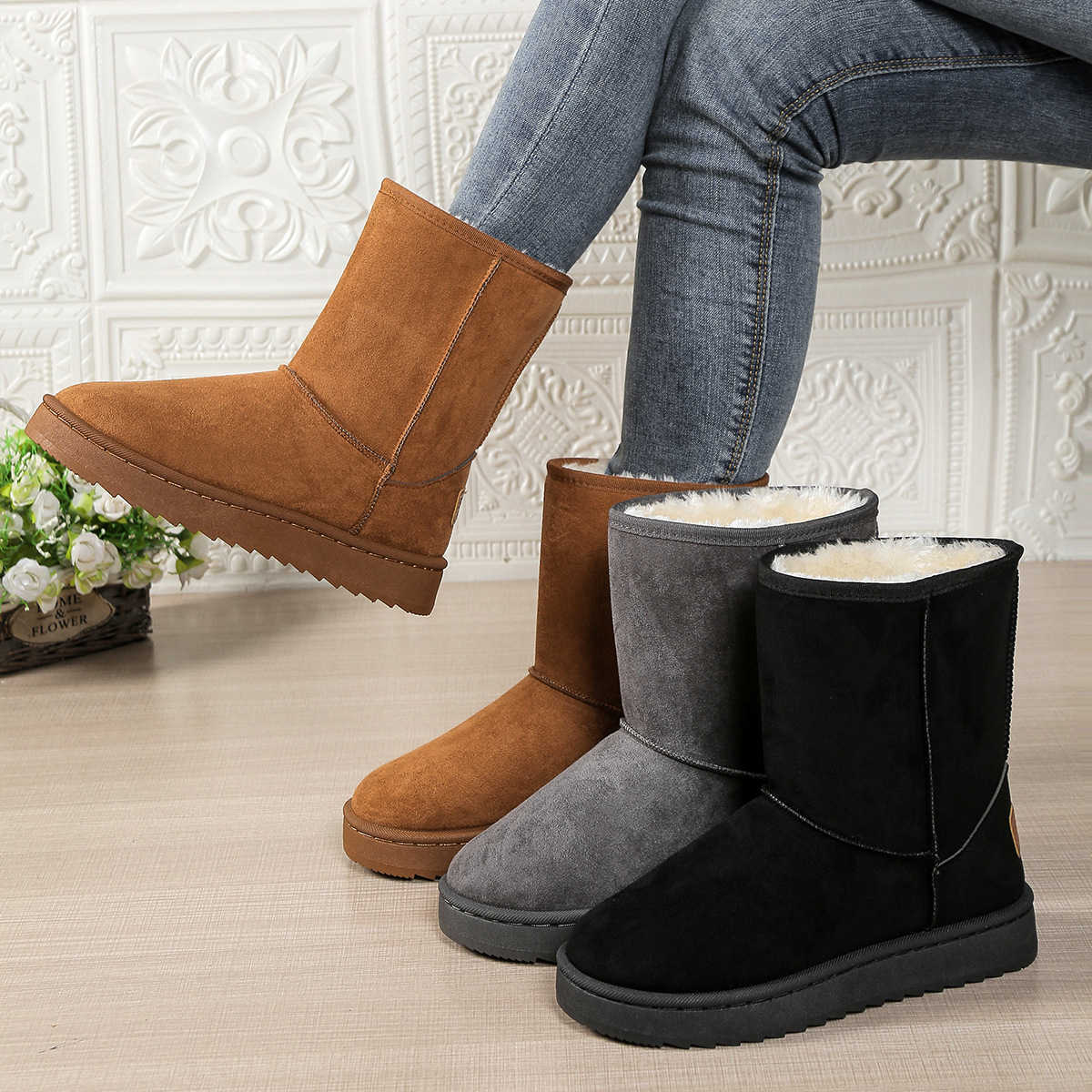 Women's snow boots 2026 winter collection fleece-lined thickened mid-calf boots slip-on style plus-size warm cotton shoes for women L26921