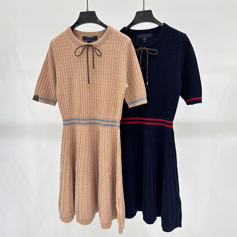 Designer Women Elegant Brief Knitted Dress Short Sleeve Striped Waist Flared Midi Dress Casual Daily Commute Dresses