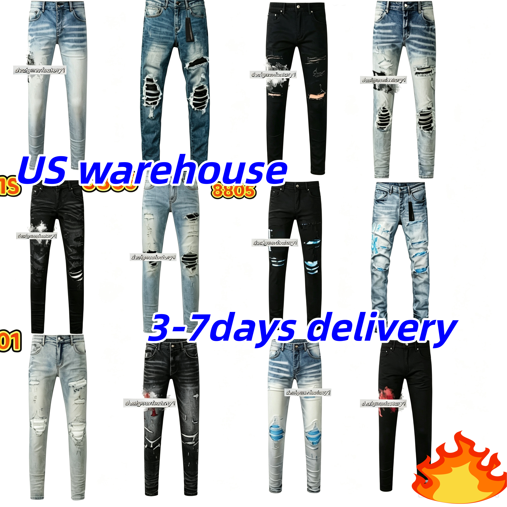 Unisex Designer Jeans Handmade Distressed Ripped Denim High Quality Cotton Stretch Slim Skinny Streetwear Pants Men Women