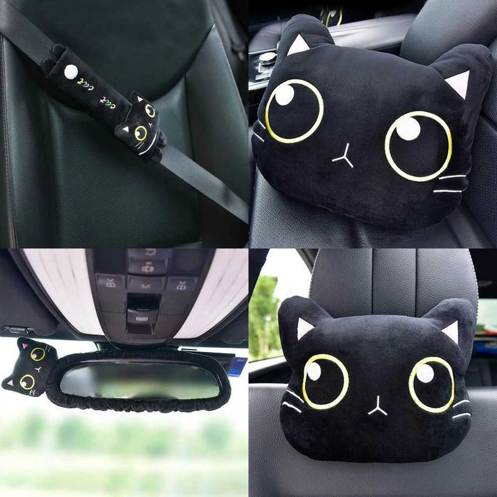 Interior Covers Car Seat Accessories Cushion Seat Support Black Cat Cartoon Cat Headrest Seatbelt Shoulder Covers Car Neck Pillow Car Headrest J2609