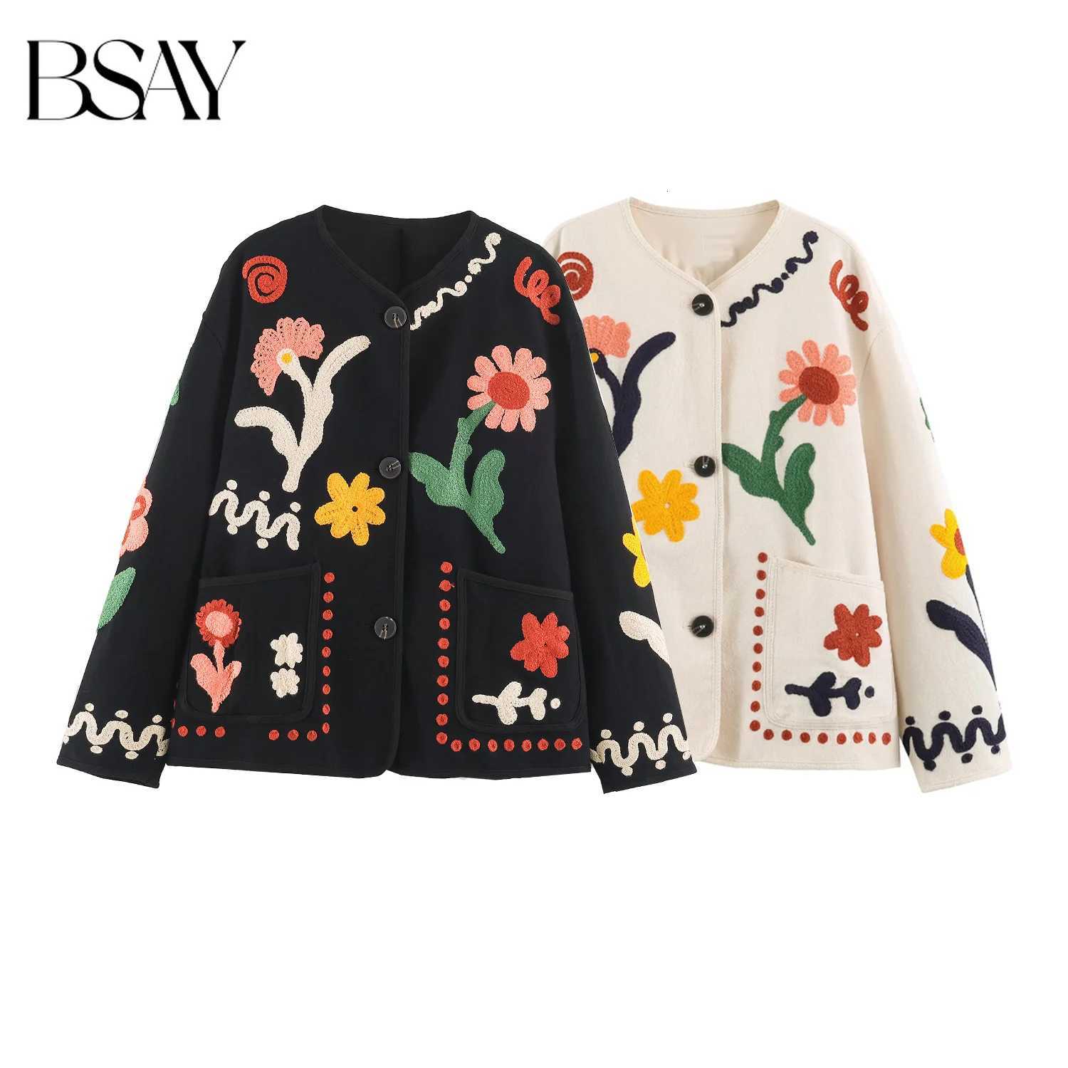 Women's Jackets BSAY 2026 Art Casual Women Floral Embroidered Jacket V Neck Button Down Patch Pockets Long Sleeve Loose Daily Ladies Outer Coat