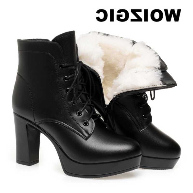 Botas femeninas WOIZGIC Laides, Botines de cuero genuino para mujer, invierno Otoño, piel de felpa, lana, tacón alto cálido, motocicleta H260921