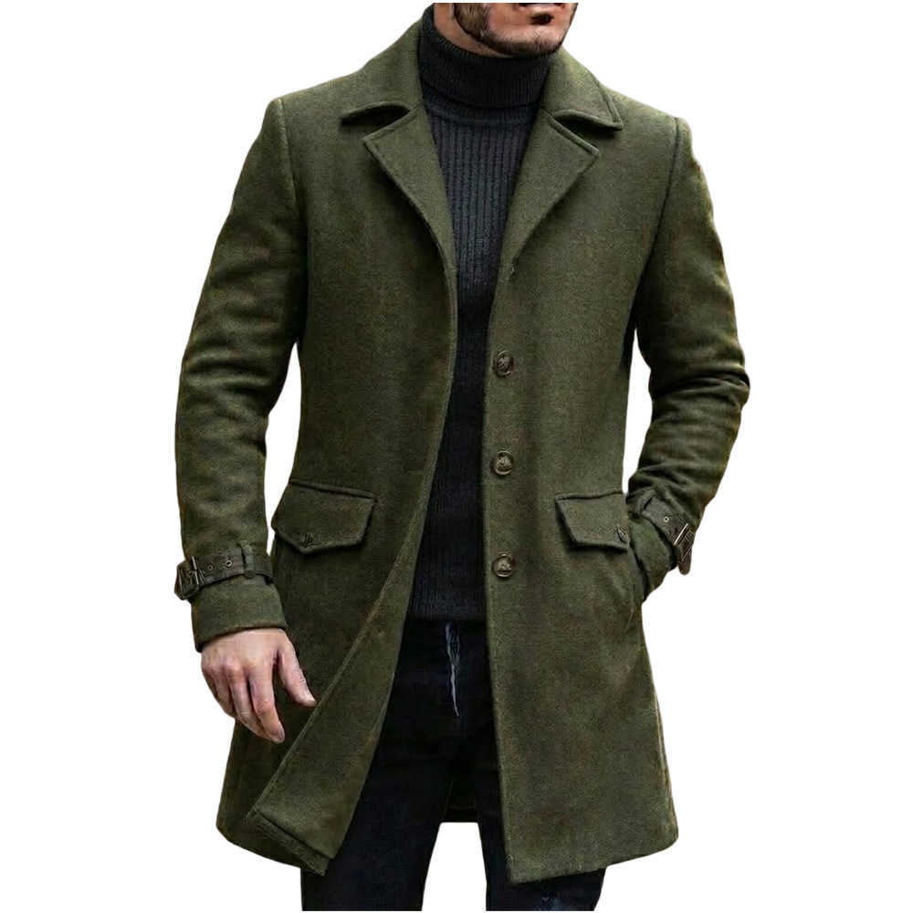 Wool Blends Autumn Winter Men's Smart Casual Woolen Coats Men Solid Color Long Trench Coat Fashion Turn Down Collar Wool Blends Outerwear Jacke