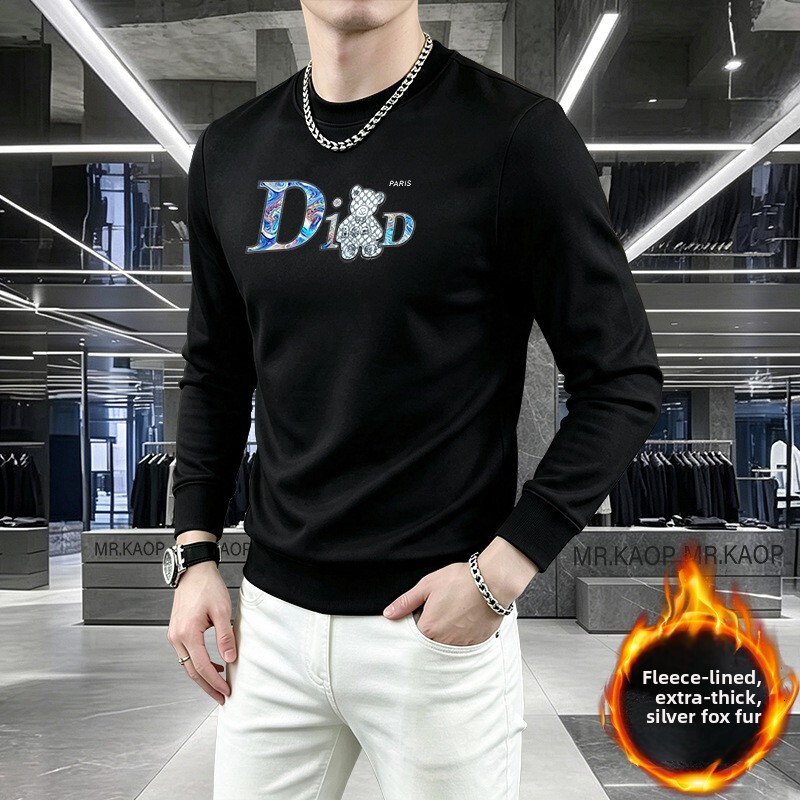 Diseño de oso con letras en relieve, cuello redondo, sudadera moderna de manga larga, forro polar y gruesa para hombre
