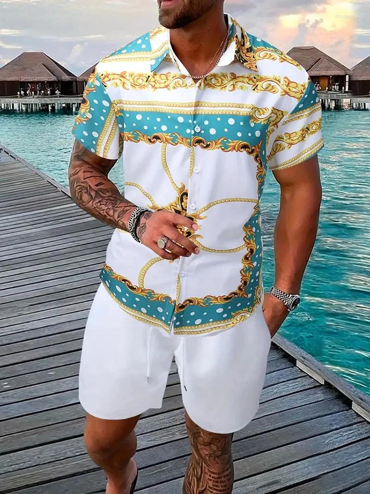 Summer Men's Casual Shirt And Beach Shorts Hawaiian Fashion Short-sleeved Party Drawstring Baroque Print