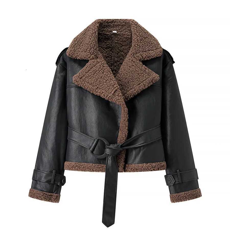 Fashion Women's Jackets Elegant Women's Coat With Belt Vintage Black Leather Shearling Jacket With Brown Lining And Belted Waist For Winte