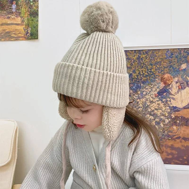 2-8T Baby Hat Big Pompom Beanie with Earflap Wool Plush Children Knitted Cap for Girls Boys Winter Thick Warm Kids Accessories 260920