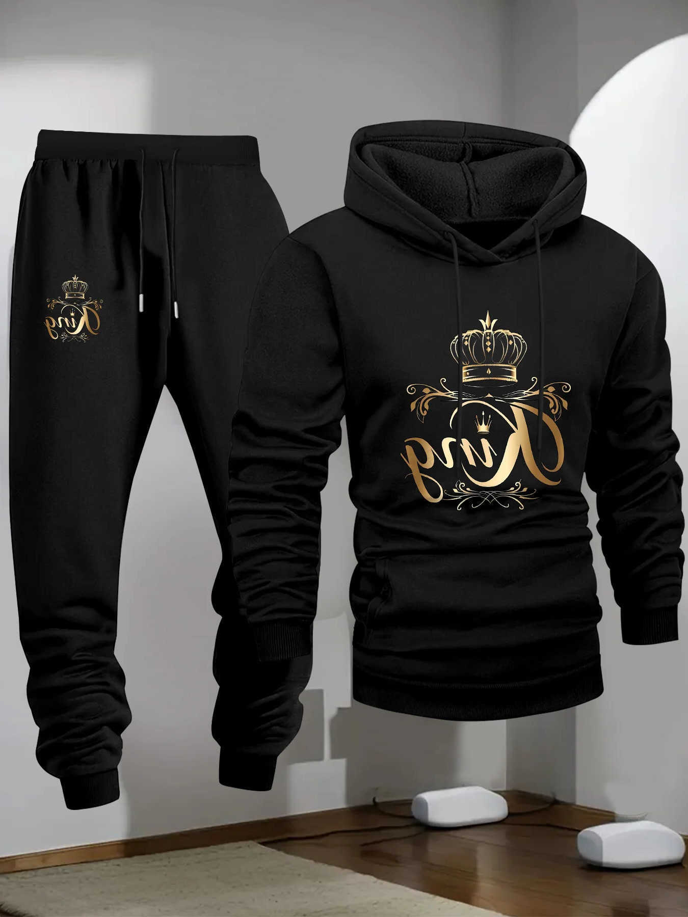 Hoodies Sweatshirts 2026 king Men's letter printed sportswear set men's hooded sweatshirt long pants set spring and autumn winter warm sui