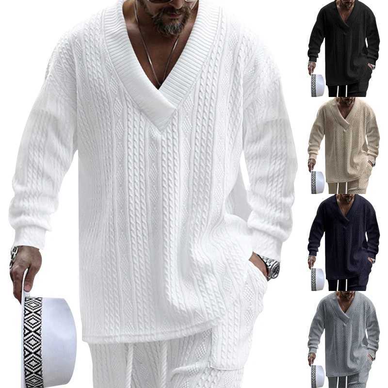 Men's Sweater Autumn Winter V-Neck Jacquard Warm Solid Color Long-Slved Sweater Casual Fashion Strt Suit New Men's Pullover Q260921