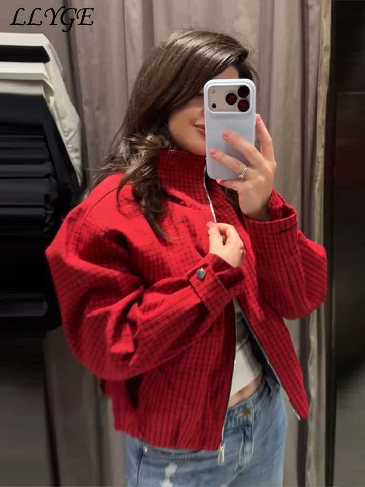 Women's Fashion Plaid Women's Jackets Cropped Jackets Loose Lapel Zipper Full Sleeve Pockets Female Coats 2026 Autumn Lady Casual Outwear