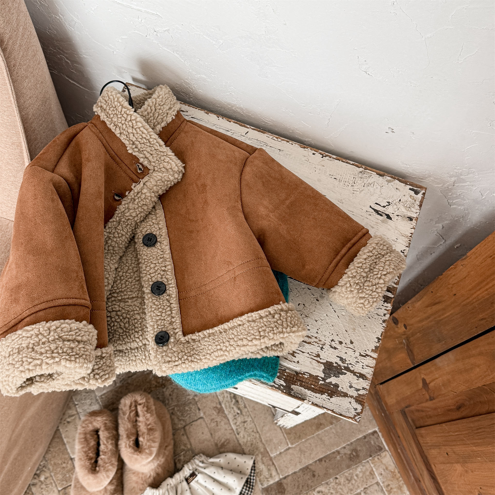 Fashion Kids Lapel Suede Sherpa Jacket Double Breasted Button Thick Warm Winter Coat For Boys Girls