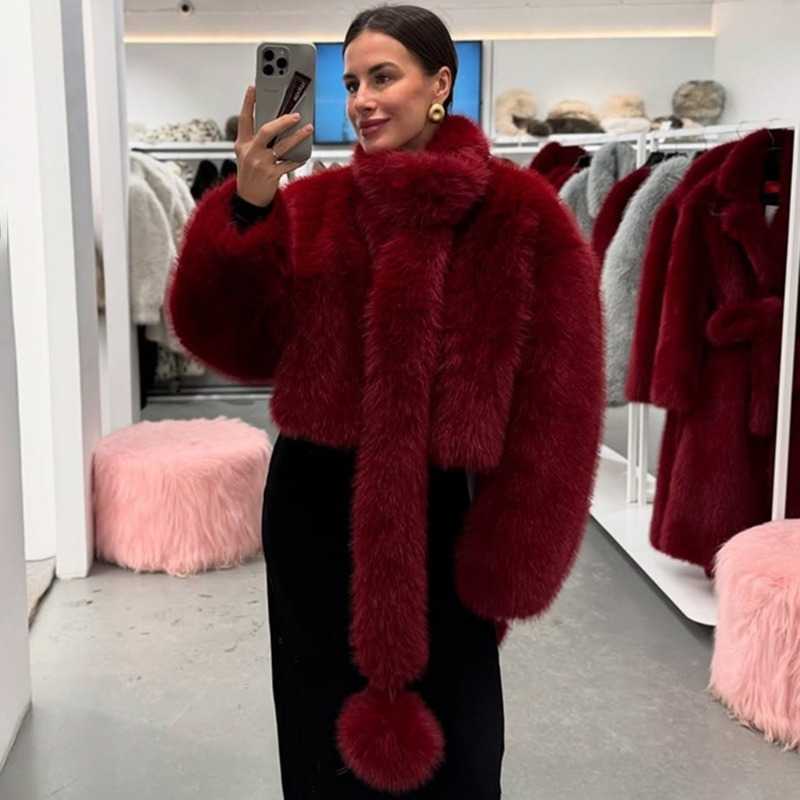 Elegant Red Faux Fur Coat War Fluffy Oversized Long-Sve Collared Jacket Winter Fashion High-Street Women Outwear D260921