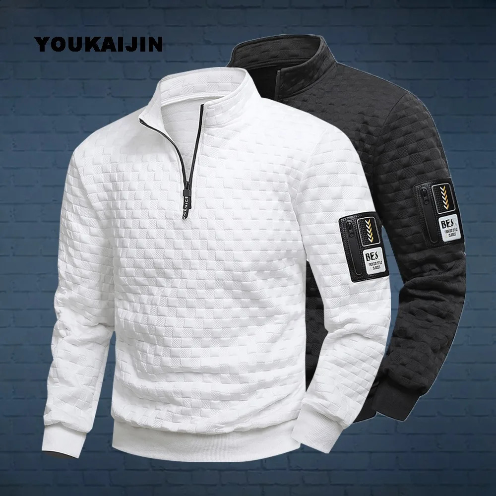 Men's Quarter Zip Sweatshirts Casual Fall Mock Neck White Loose Pullover Long Sleeve Solid Graphic Zip Up Sweatshirt 260920