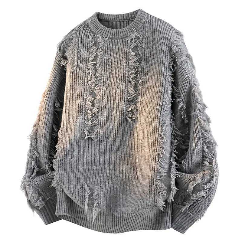 2026 Autumn Winter Trendy Ripped Crew Neck Sweater Men Loose Lazy Style Versatile Casual Long Sleeve Knit Pullover S260921HJ6U