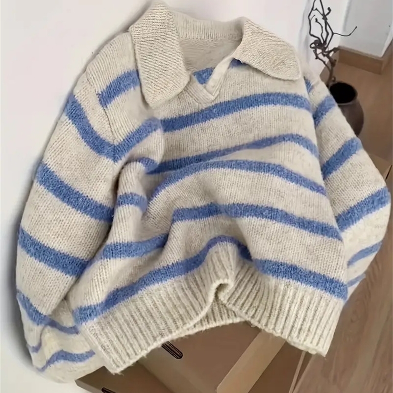 Women's Fashion Casual POLO Collar Striped Knitted Hoodie Soft and Comfortable Intercolor Sweater 260918CJ