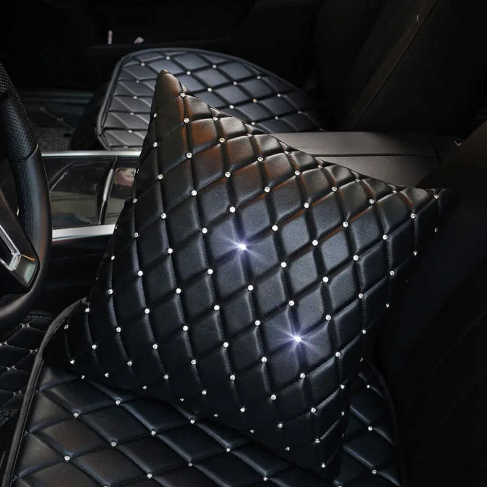 Covers Car Diamond Seat Leather Car Headrest Neck Pillow Waist Support Crystal Rhinestones Car Seat Cushion Covers Styling Interior Accessories J260