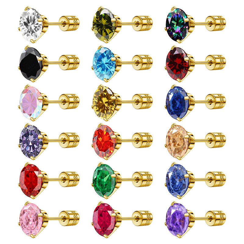 Flat Back Stainless Steel Stud Earrings for Women Men Birthstone Stud Earrings Hypoallergenic Double Side Cubic Zirconia Studs Sensitive Ears Jewelr