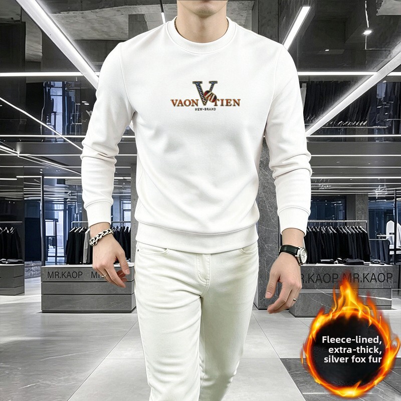 European-Style Trendy Fleece Sweatshirt For Men, Round Neck, Slim Fit, High-End Pullover, Men's Autumn And Winter Lightweight Luxury Long-Sleev