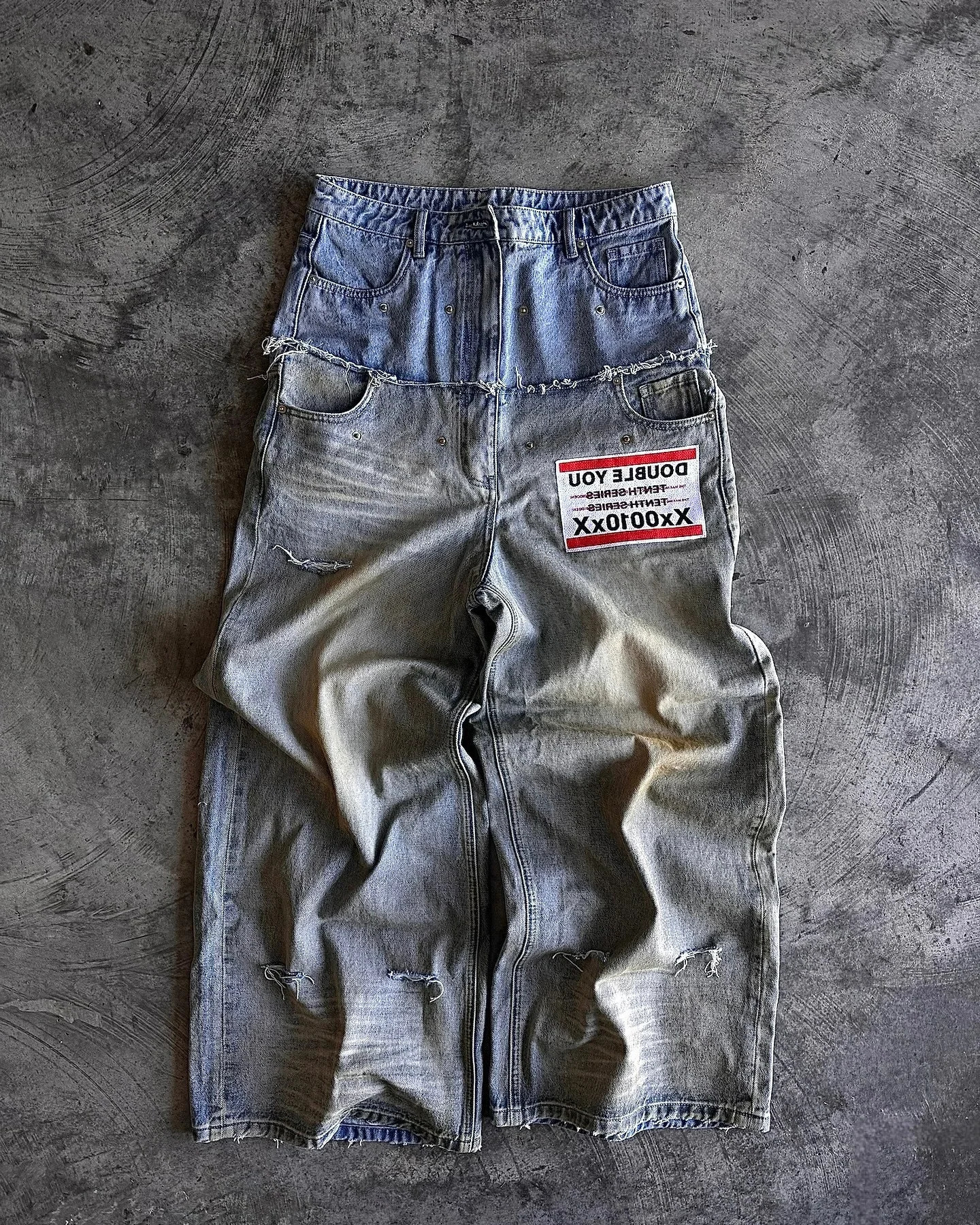 Men Jeans American Retro Double trousers Stitching Washed Baggy Jeans Mens Y2k Harajuku Hip Hop Gothic Casual Joker Wide Trousers Street Wear Denim