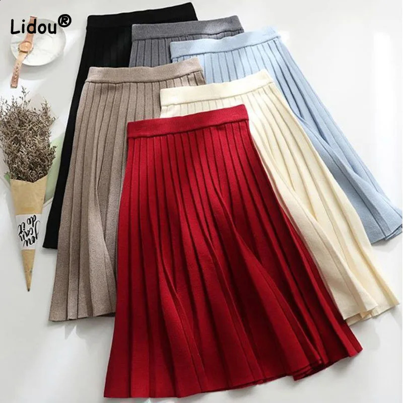 Elegant Fashion Solid Color Knit Pleated Skirt Autumn Winter A-Line Trend All-match Elastic High Waist Skirts Women's Clothing 260918