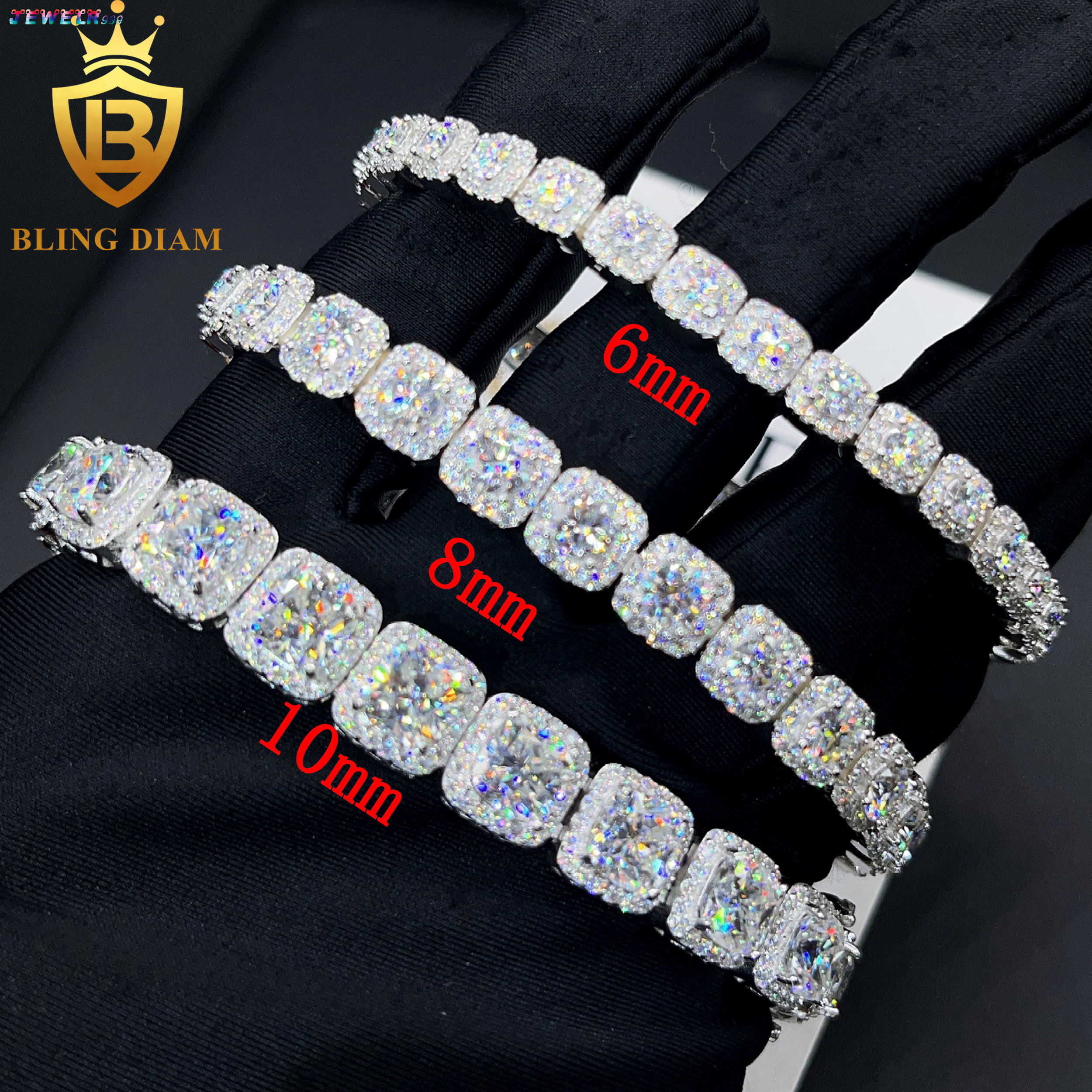 Hot Sale Iced Out Moissanite Bracelet 10mm 8mm 6mm square Tennis Chain Luxury Sterling 925 Silver diamond Tennis Chain