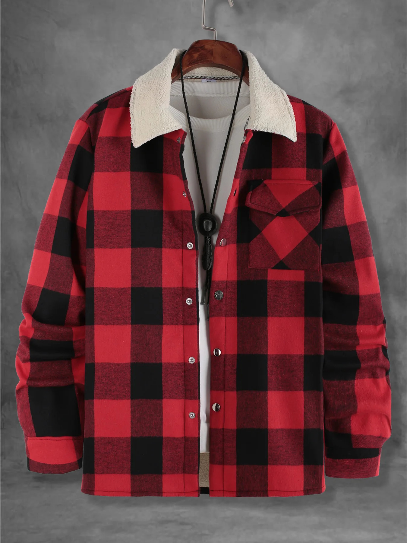 Men's Red Black Plaid Fleece Collar Flannel Shirt Jacket Autumn Winter Thick Warm Casual Coat 260920
