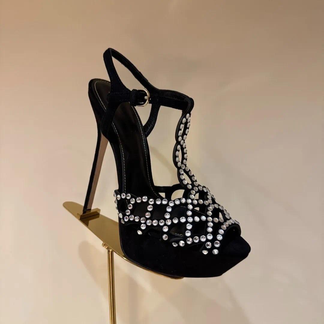 Crystal Embellished Shiny Platform Heel Satin Sandals Luxury designer women ankle wrap stiletto heel shoes Elegant ladies evening shoes Leather sole