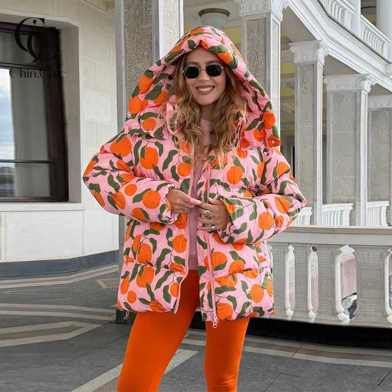 Women's Jackets Print Puffer Women's Winter Jackets Coats Hooded Zip Up Loose Coat Aesthetic Casual Warm Outerwear Jackat for Woman C26092