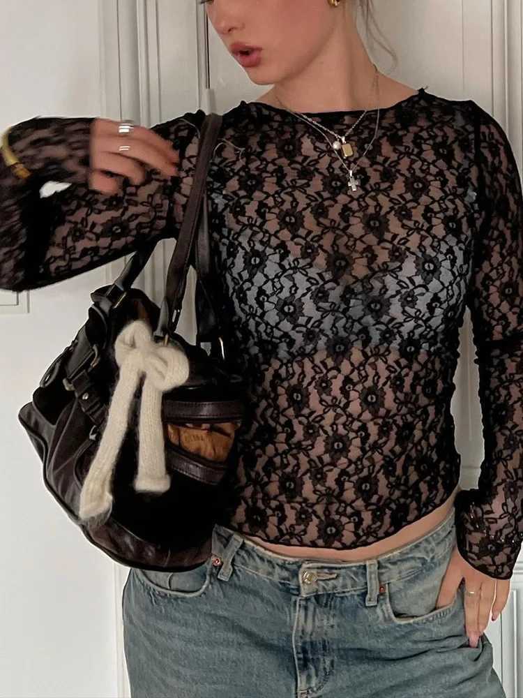 Women's T-Shirt Mooyufon Long Sleeves See Through Lace Crop Top Solid Sexy Bodycon T-Shirt For Women Party Club Autumn Winter Clothes Q260921