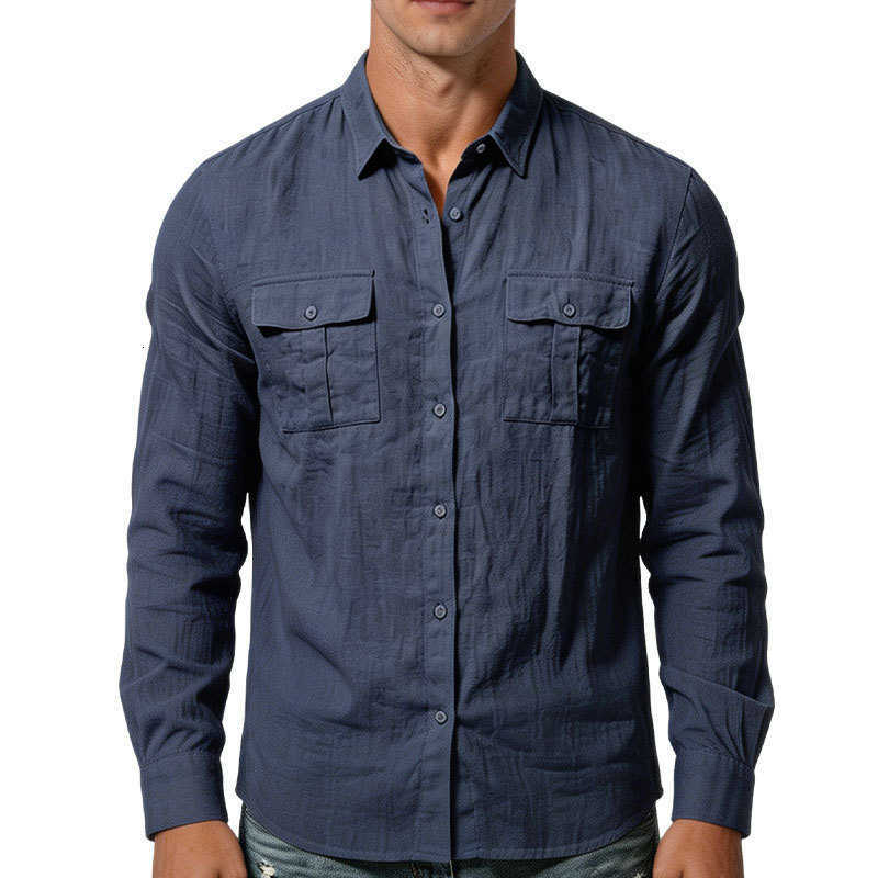 Textured Shirts Men Men's Casual Long Sleeve Button Down Shirts Double Chest Flap Pockets Casual Work Light Blue Solid Shirt For Male Daily Wea