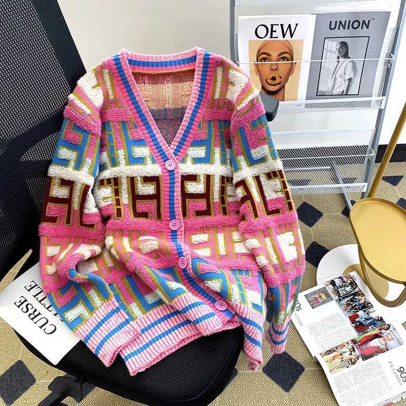 Women's Jackets Rainbow V-Neck Knit Sweater Autumn Winter Japanese Retro Color Block Open Cardigan Women's Design Sensation Niche Soft Out