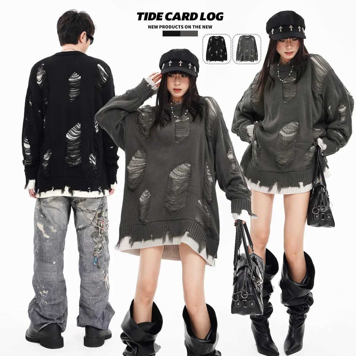 Tide Card Log Autumn Winter Knitted Sweater New Hole Tassel Fake Two-Piece Crew Neck Couple Knitwear Spring And Autumn Male Fash S260921NJJ3