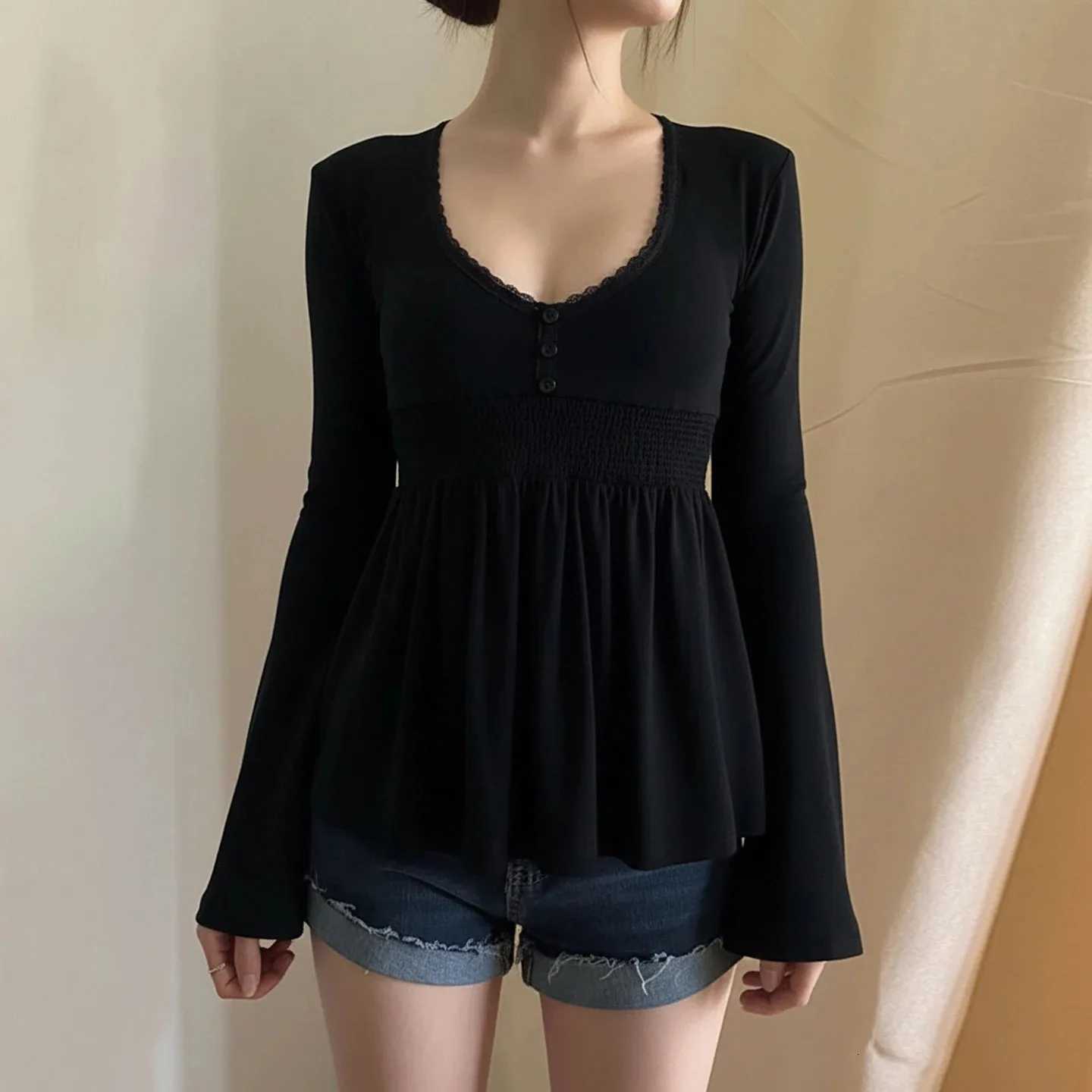 Women's T-Shirt Women Solid Lace Trim Patchwork Button Flared Sleeves Shirt Casual V Neck Knit Top Y2k Aesthetic Fall Clothes Fairycore Q260921