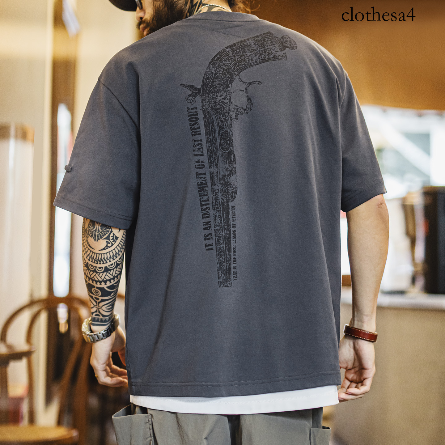 Maden Men's American Retro Crew Neck Printed Knitted Tee Grey Loose Stylish Design Casual Workwear Daily Commute Summer Shirt