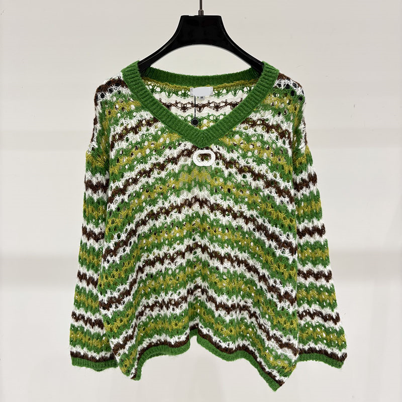 Women v Neck Striped Knit Pullovers Luxury Y2K Style Hollow Out Knited Top Spring Autumn Chic Loose Fit Thin Sweater