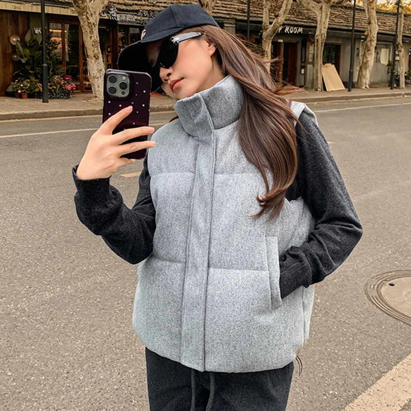 Grey Woolen Stand Collar Padded Vest Women Autumn Winter Warm Short Sleeveless Waistcoat Female Solid Casual Zipper Puffer Vest 260920