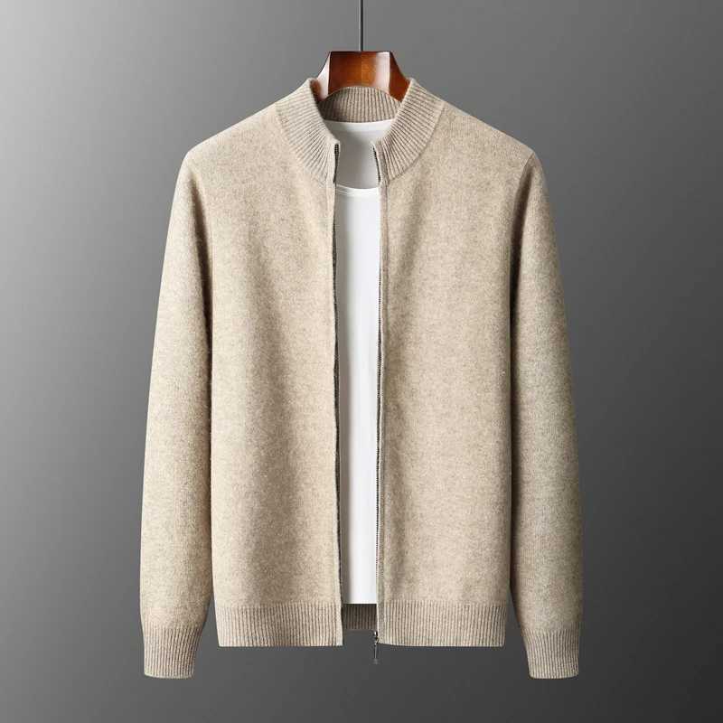 100% Merino Wool Men's Warm Sweater Mock Collar Thickened Zippered Cardigan Autumn Winter New Cashmere Knitted Long Slve Tops Q260921