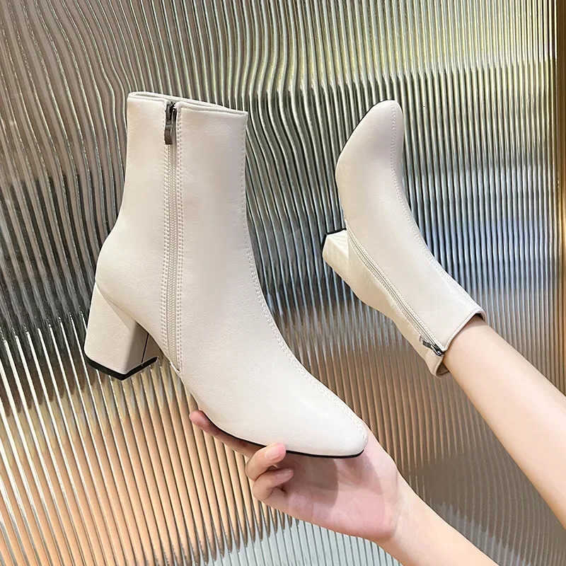 Botas cortas de tacón medio de cuero para mujer, botines suaves de PU con cremallera lateral, zapatos cómodos de oficina para mujer, barcos cuadrado