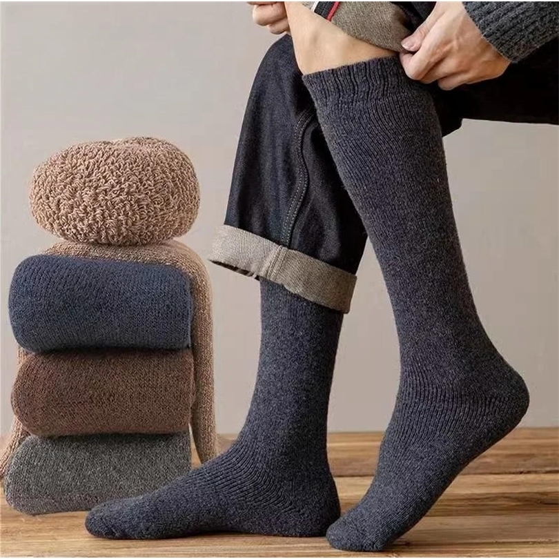 3 Pair Winter Thick Warm KneeHigh Mens Wool Socks Merino Calf Casual Cashmere Terry Fashion Stockings Men 26921
