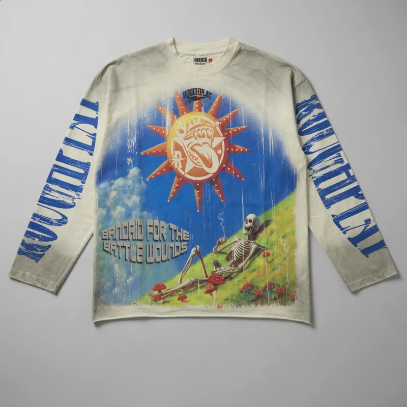 Loose Fit Trendy Hip Hop Rough Play Long Sleeved American Retro Washed Printed T-shirt Stock 260918