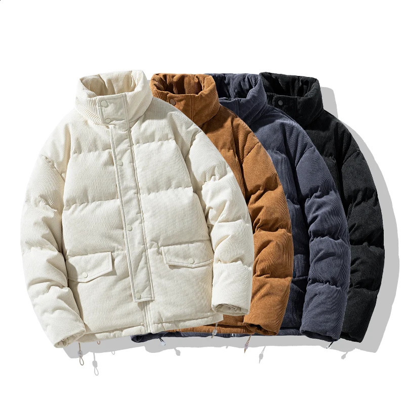 Men Warm Corduroy Parkas Winter Jacket Streetwear Solid Black Gray Man Korean Fashion Puffer Jackets Loose Coats 260920