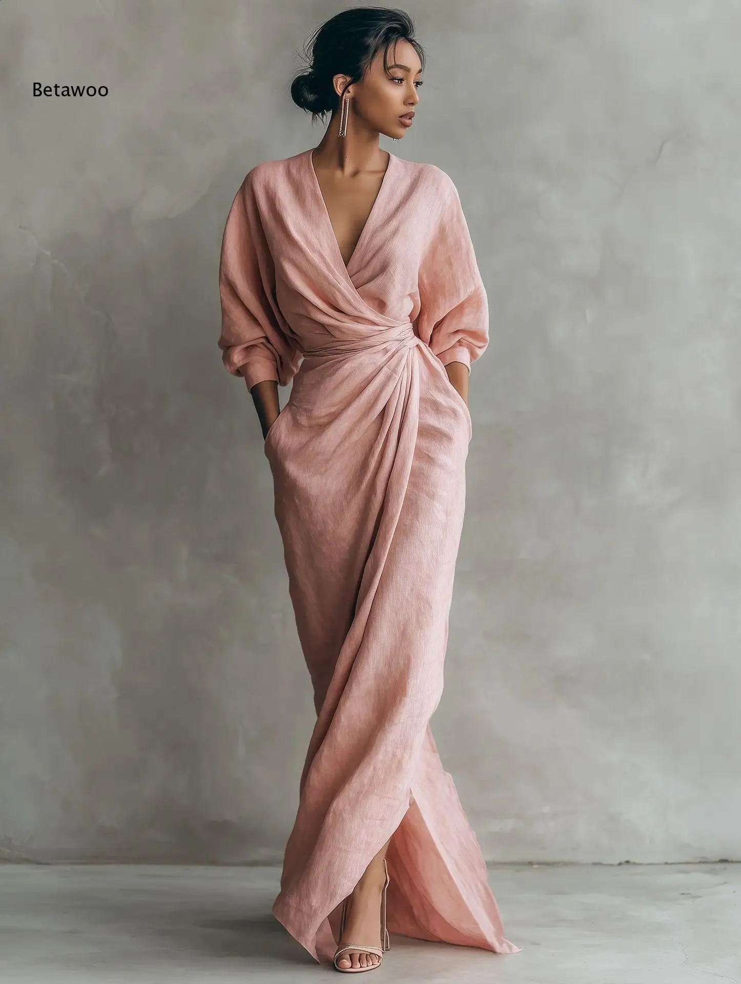 Women Wrap Maxi Dress Deep V Neck Long Sleeve Waist Knot Draped Detail Side Pockets Elegant Formal Evening Party Dress 260920