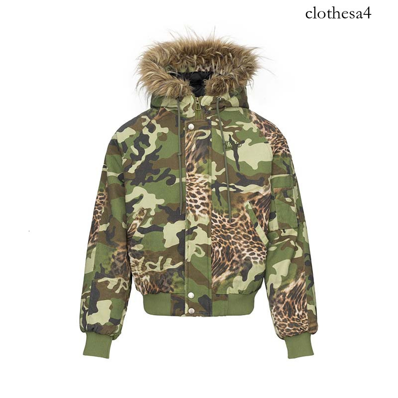 2026 winter new high-street American-style leopard print camouflage quilted padded hooded jacket with faux fur collar, a trendy men's outerwear