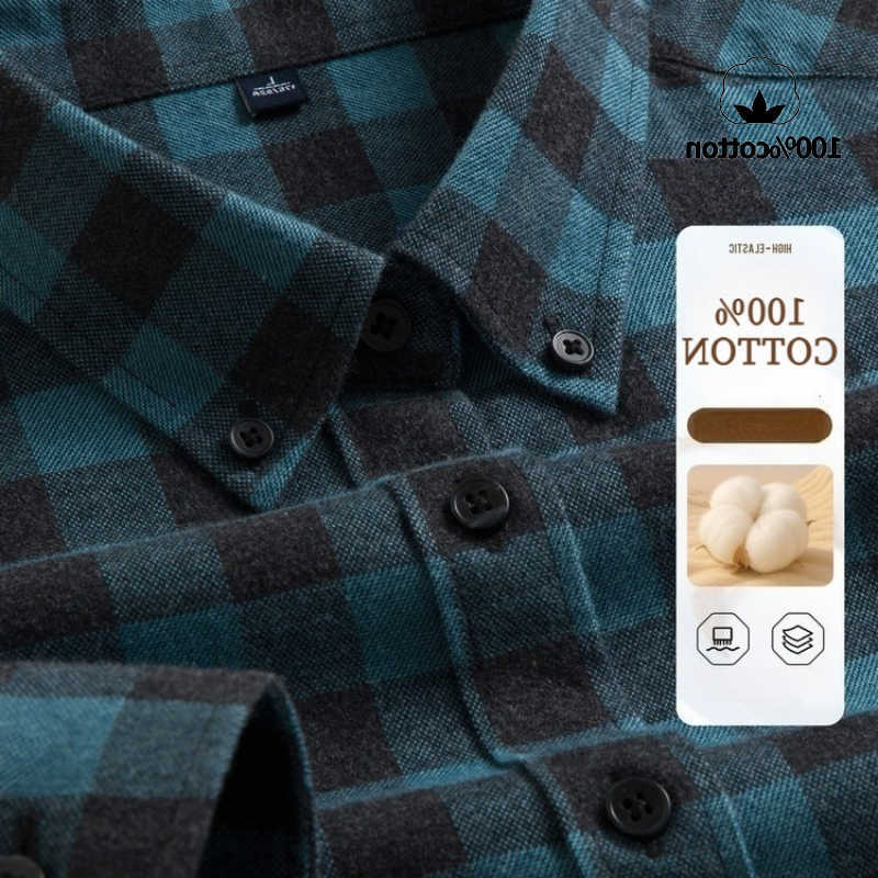 100% Men's Casual Cotton Shirts Flannel Shirt Men's Plaid Casual Jacket Anti-Wrinkle Multi-Color Gold Quality Long-Staple Cotton S-4XL Vin