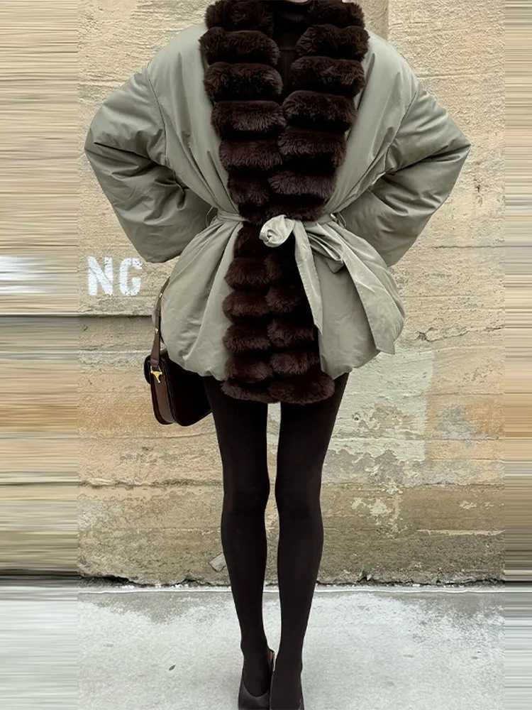 Women's Luxury Patchwork Faux Mink Fur Splice Jacket Slim Fit Lace Up Long Slve Flurry Coat 2025 New Lady Fall Winter Outwears T260829