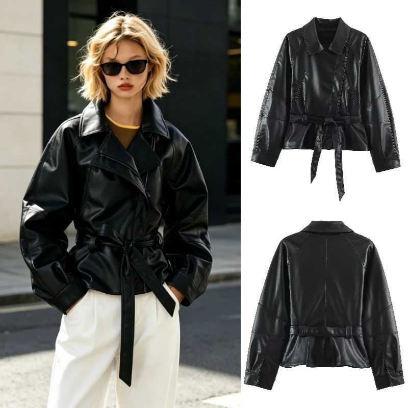 Leather Women's Jackets Women's PU Jacket 2026 Retro Black Lapel Asymmetrical Zipper Belted Waist Zipper Pockets Cropped Biker Coat C26092