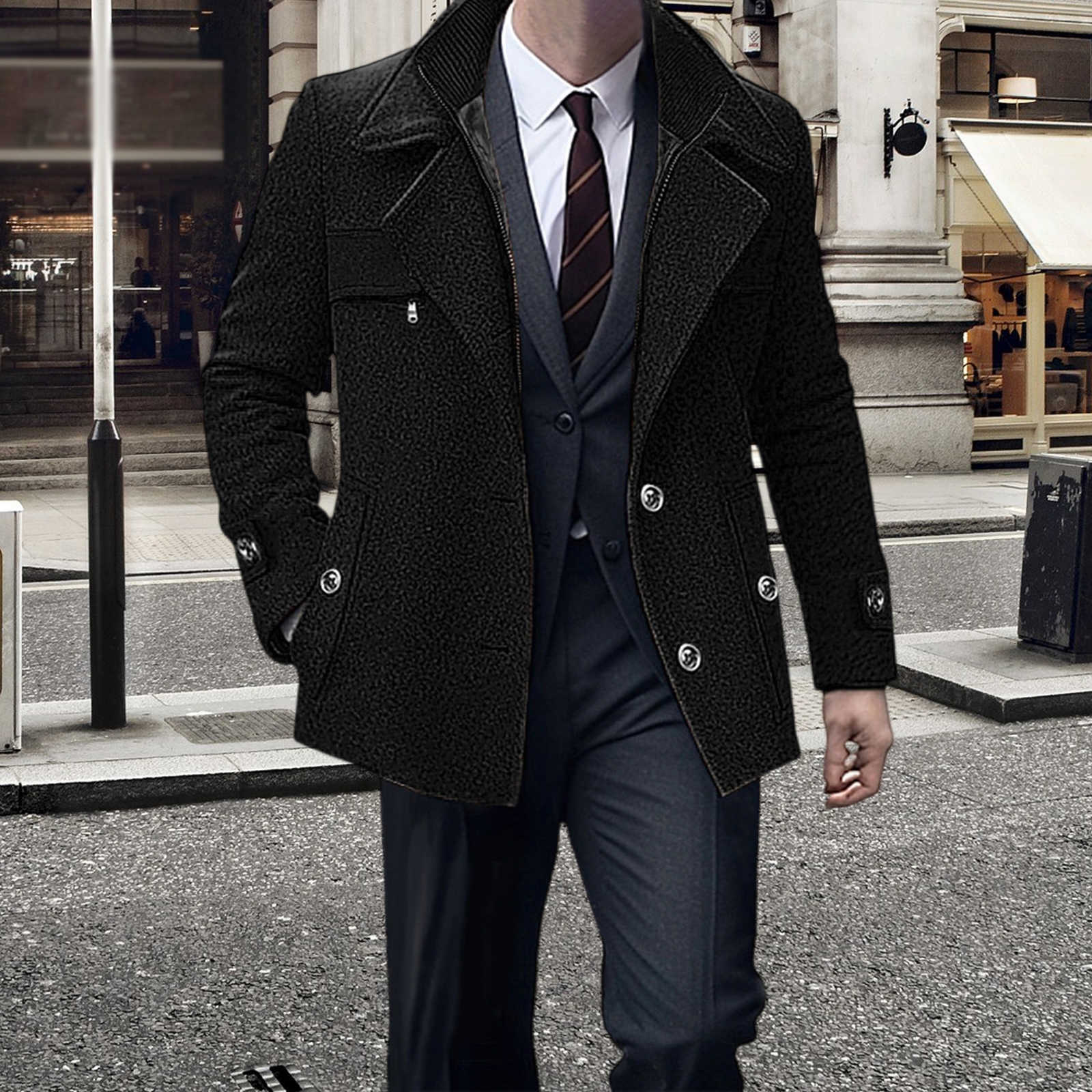 Mens Men's Wool Blends Wool Pea Coat Winter Warm Long Sleeve Solid Color Jacket Button Down Overcoat D260921