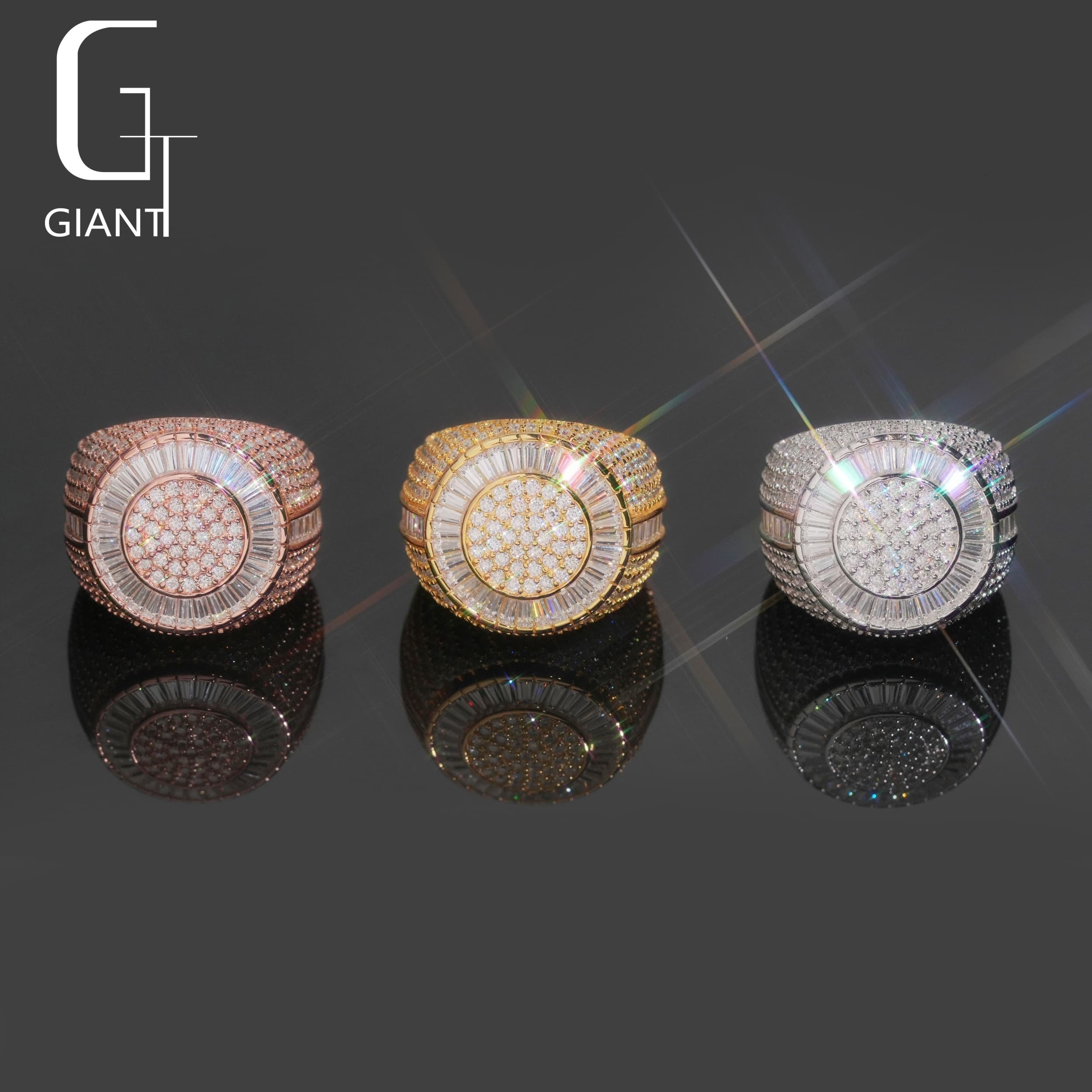 New Arrival Luxury GRA Certificate Iced Out Hip Hop VVS Baguette Moissanite Diamond 925 Sterling Silver Round Ring for Men